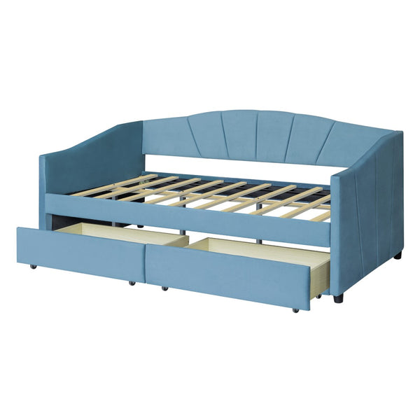 HomeRoots Blue Upholstered Twin Bed Frame with Underbed Drawers – Modern Comfort Meets Smart Storage Solutions 602055