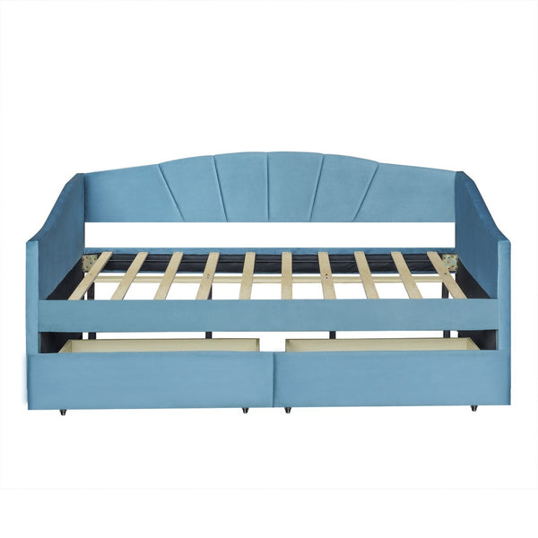 HomeRoots Blue Upholstered Twin Bed Frame with Underbed Drawers – Modern Comfort Meets Smart Storage Solutions 602055