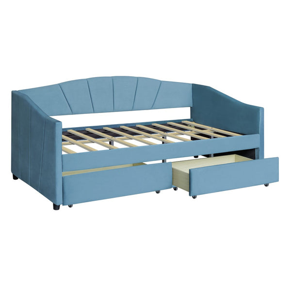 HomeRoots Blue Upholstered Twin Bed Frame with Underbed Drawers – Modern Comfort Meets Smart Storage Solutions 602055