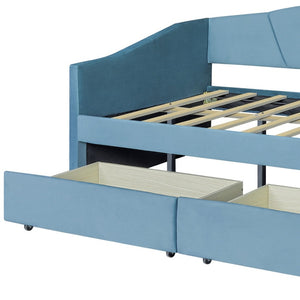 HomeRoots Blue Upholstered Twin Bed Frame with Underbed Drawers – Modern Comfort Meets Smart Storage Solutions 602055