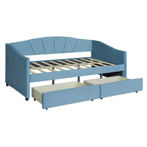 HomeRoots Blue Upholstered Twin Bed Frame with Underbed Drawers – Modern Comfort Meets Smart Storage Solutions 602055