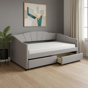 HomeRoots Gray Upholstered Twin Bed Frame with Storage Drawers - Stylish, Modern Design for Small Spaces 602056