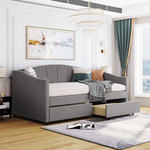 HomeRoots Gray Upholstered Twin Bed Frame with Storage Drawers - Stylish, Modern Design for Small Spaces 602056