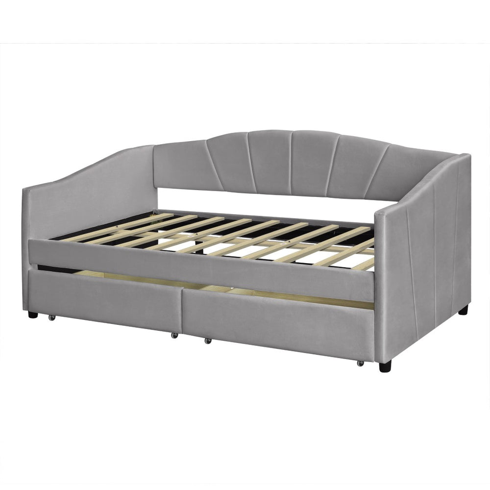 HomeRoots Gray Upholstered Twin Bed Frame with Storage Drawers - Stylish, Modern Design for Small Spaces 602056
