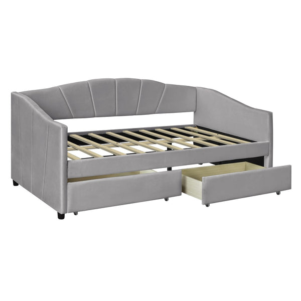 HomeRoots Gray Upholstered Twin Bed Frame with Storage Drawers - Stylish, Modern Design for Small Spaces 602056
