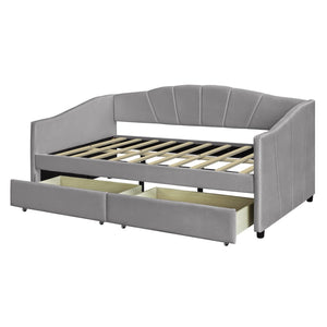 HomeRoots Gray Upholstered Twin Bed Frame with Storage Drawers - Stylish, Modern Design for Small Spaces 602056