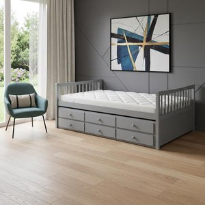 HomeRoots Gray Wood Full Bed Frame with Trundle & Drawers - Stylish Storage Solution for Modern Bedrooms 602057