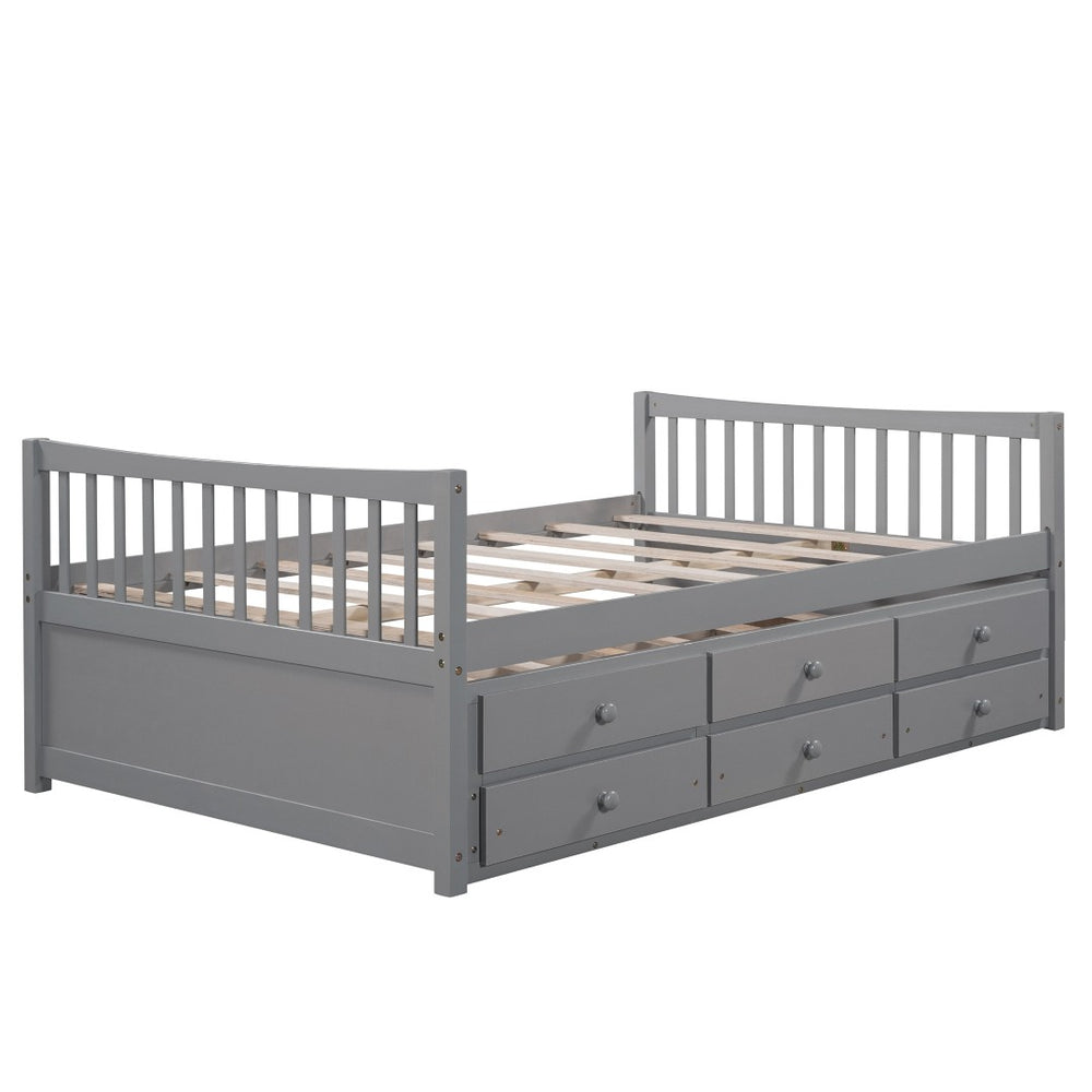 HomeRoots Gray Wood Full Bed Frame with Trundle & Drawers - Stylish Storage Solution for Modern Bedrooms 602057
