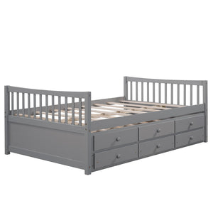 HomeRoots Gray Wood Full Bed Frame with Trundle & Drawers - Stylish Storage Solution for Modern Bedrooms 602057