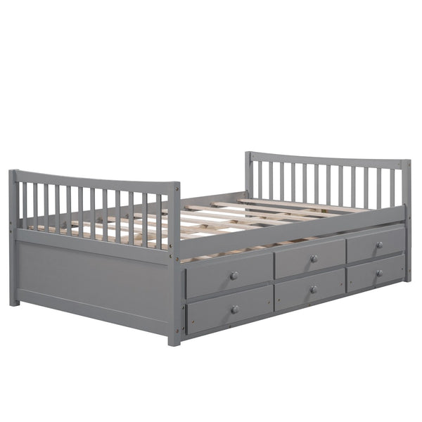 HomeRoots Gray Wood Full Bed Frame with Trundle & Drawers - Stylish Storage Solution for Modern Bedrooms 602057