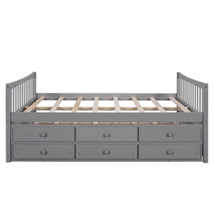 HomeRoots Gray Wood Full Bed Frame with Trundle & Drawers - Stylish Storage Solution for Modern Bedrooms 602057