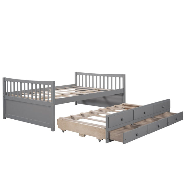 HomeRoots Gray Wood Full Bed Frame with Trundle & Drawers - Stylish Storage Solution for Modern Bedrooms 602057