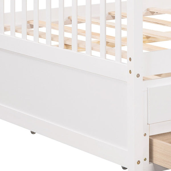 HomeRoots White Wood Full Bed Frame with Trundle & Storage Drawers - Stylish, Durable, and Space-Saving Design! 602058