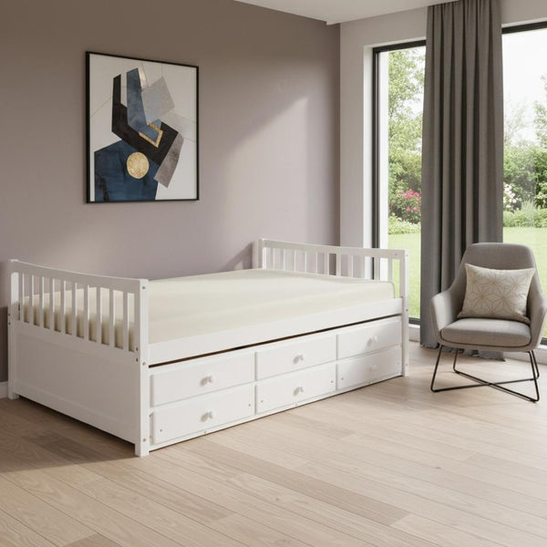 HomeRoots White Wood Full Bed Frame with Trundle & Storage Drawers - Stylish, Durable, and Space-Saving Design! 602058