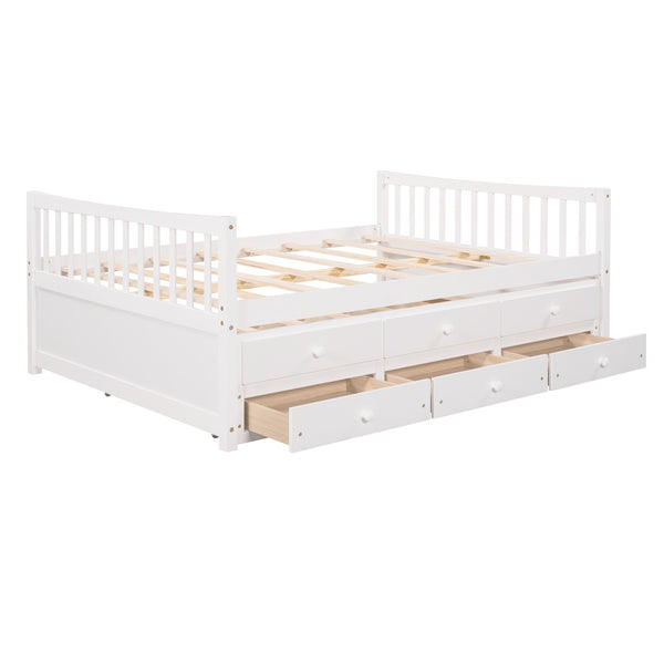 HomeRoots White Wood Full Bed Frame with Trundle & Storage Drawers - Stylish, Durable, and Space-Saving Design! 602058