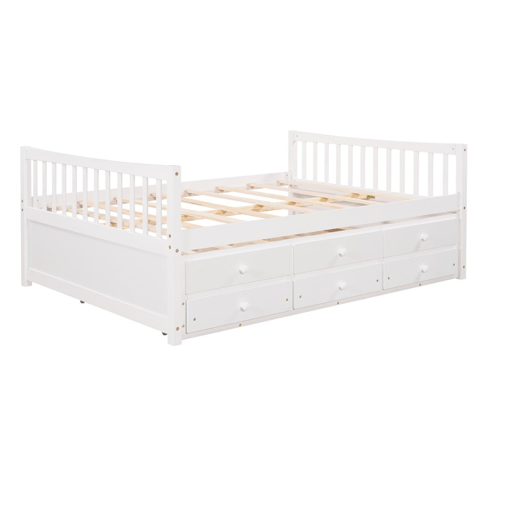 HomeRoots White Wood Full Bed Frame with Trundle & Storage Drawers - Stylish, Durable, and Space-Saving Design! 602058