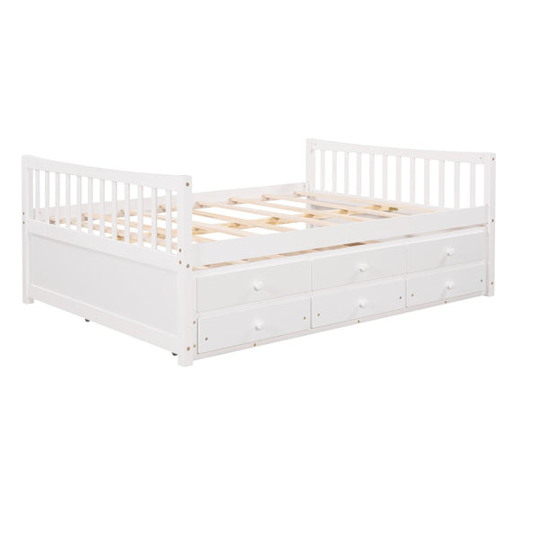 HomeRoots White Wood Full Bed Frame with Trundle & Storage Drawers - Stylish, Durable, and Space-Saving Design! 602058
