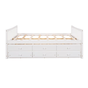HomeRoots White Wood Full Bed Frame with Trundle & Storage Drawers - Stylish, Durable, and Space-Saving Design! 602058