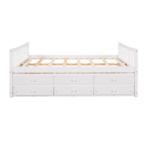 HomeRoots White Wood Full Bed Frame with Trundle & Storage Drawers - Stylish, Durable, and Space-Saving Design! 602058