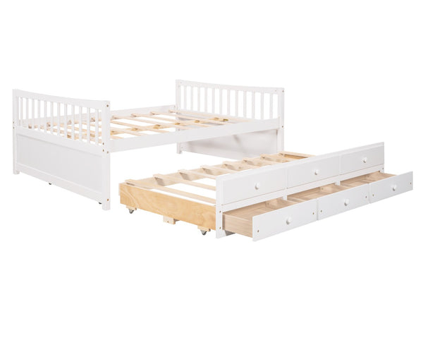 HomeRoots White Wood Full Bed Frame with Trundle & Storage Drawers - Stylish, Durable, and Space-Saving Design! 602058