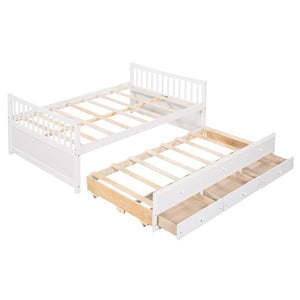 HomeRoots White Wood Full Bed Frame with Trundle & Storage Drawers - Stylish, Durable, and Space-Saving Design! 602058