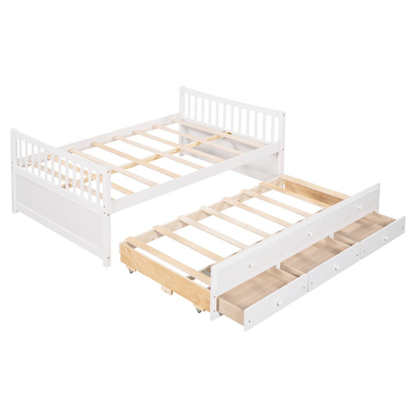 HomeRoots White Wood Full Bed Frame with Trundle & Storage Drawers - Stylish, Durable, and Space-Saving Design! 602058