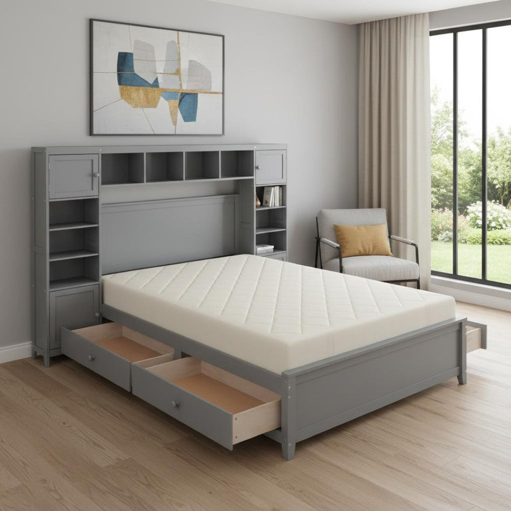 HomeRoots Gray Wood Full Bed Frame with Integrated Storage Drawers – Modern Comfort & Durable Design for Your Bedroom 602059