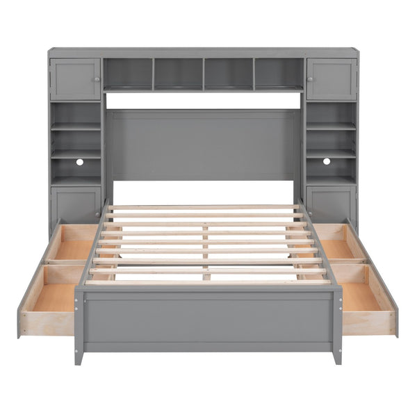 HomeRoots Gray Wood Full Bed Frame with Integrated Storage Drawers – Modern Comfort & Durable Design for Your Bedroom 602059