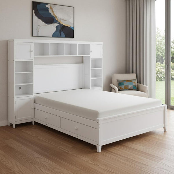 HomeRoots White Wood Full Bed Frame with Integrated Drawers for Smart Storage & Modern Bedroom Style 602060