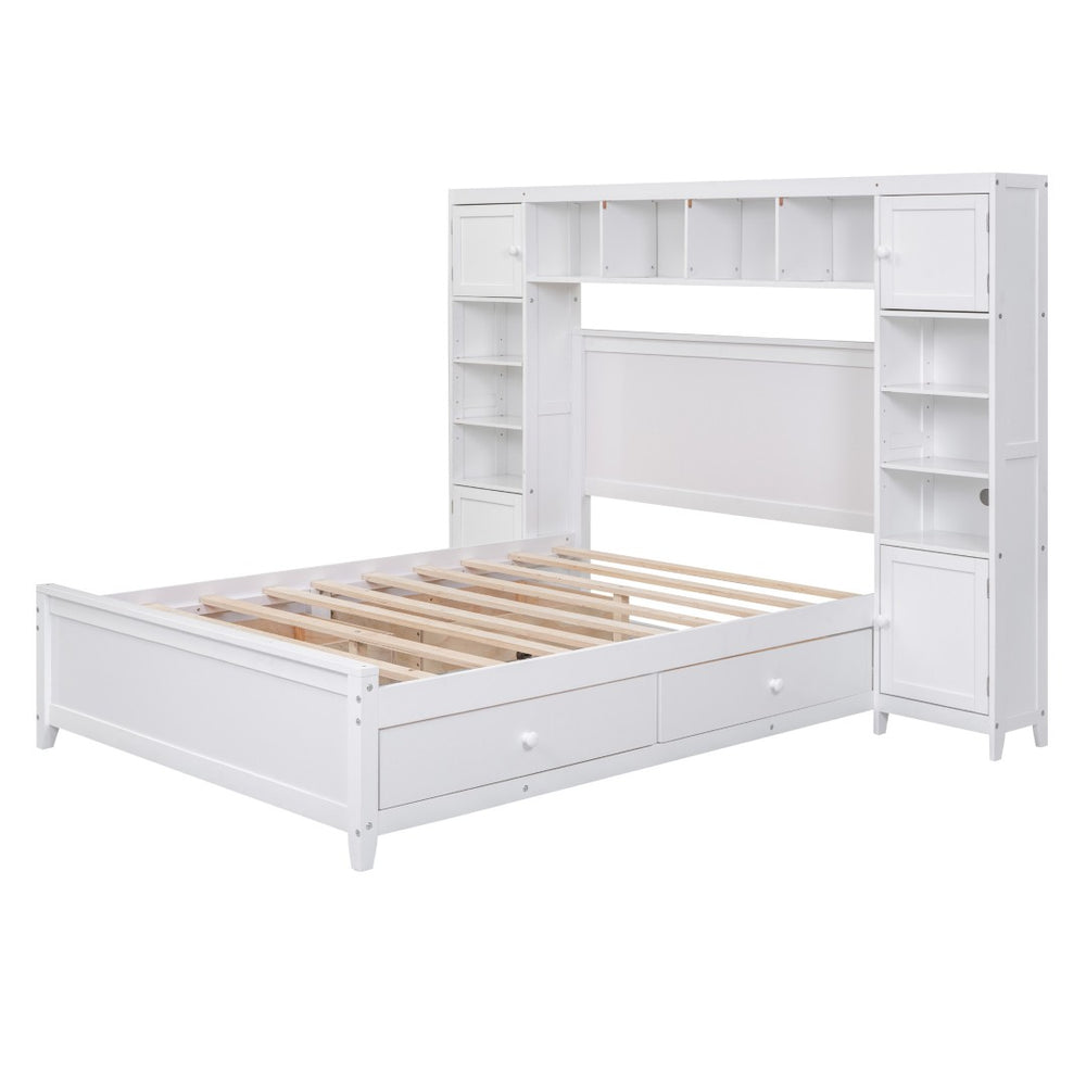 HomeRoots White Wood Full Bed Frame with Integrated Drawers for Smart Storage & Modern Bedroom Style 602060