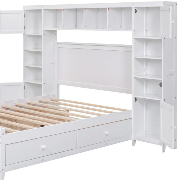 HomeRoots White Wood Full Bed Frame with Integrated Drawers for Smart Storage & Modern Bedroom Style 602060