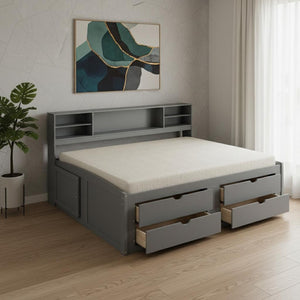 HomeRoots Gray Wood Full Bed Frame with Stylish Built-In Drawers for Organized Storage and Modern Comfort 602062
