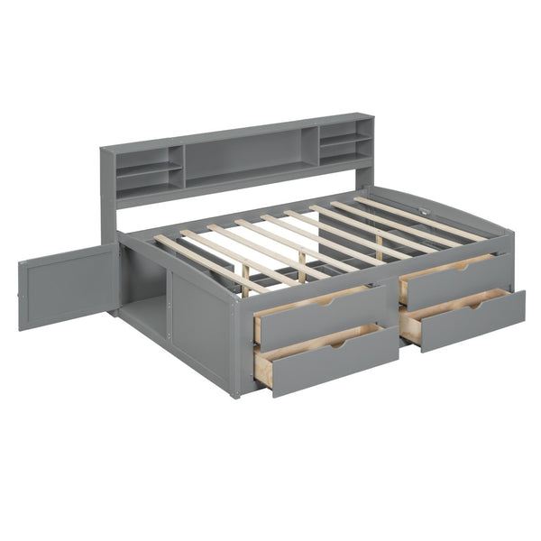 HomeRoots Gray Wood Full Bed Frame with Stylish Built-In Drawers for Organized Storage and Modern Comfort 602062