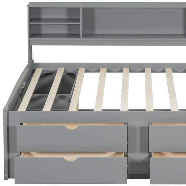 HomeRoots Gray Wood Full Bed Frame with Stylish Built-In Drawers for Organized Storage and Modern Comfort 602062