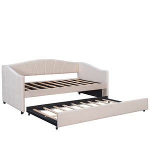 HomeRoots Beige Upholstered Twin Bed Frame with Trundle - Stylish, Space-Saving Design for Modern Rooms 602064