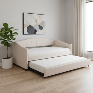 HomeRoots Beige Upholstered Twin Bed Frame with Trundle - Stylish, Space-Saving Design for Modern Rooms 602064