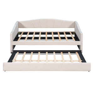 HomeRoots Beige Upholstered Twin Bed Frame with Trundle - Stylish, Space-Saving Design for Modern Rooms 602064