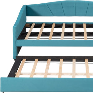 HomeRoots Blue Upholstered Twin Bed Frame with Pull-Out Trundle for Stylish Sleepovers and Multi-Use Spaces 602065