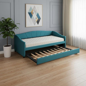 HomeRoots Blue Upholstered Twin Bed Frame with Pull-Out Trundle for Stylish Sleepovers and Multi-Use Spaces 602065