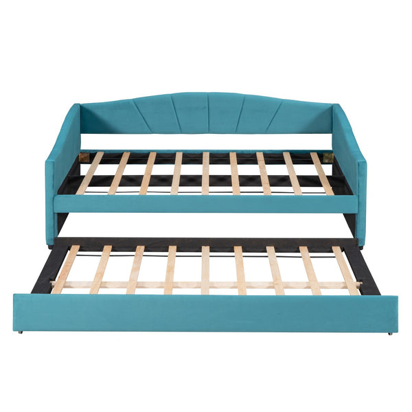 HomeRoots Blue Upholstered Twin Bed Frame with Pull-Out Trundle for Stylish Sleepovers and Multi-Use Spaces 602065