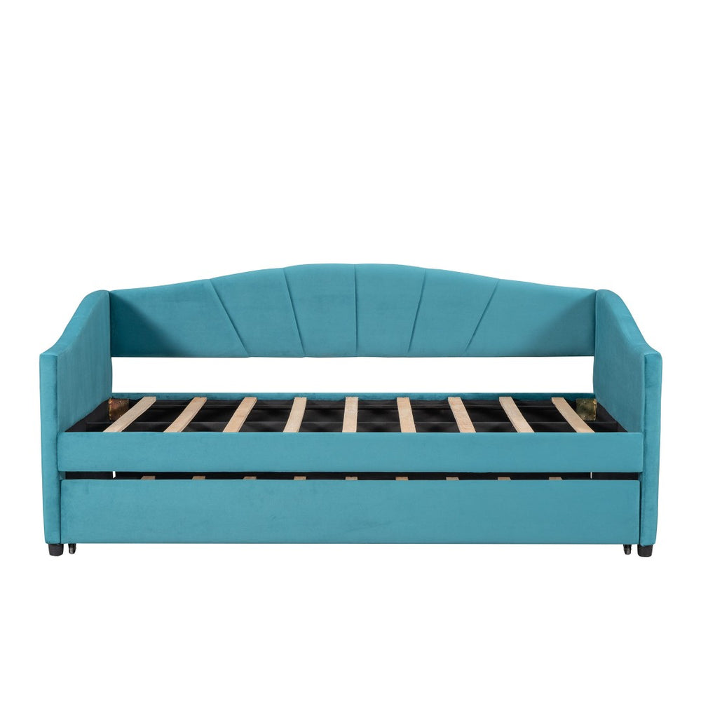 HomeRoots Blue Upholstered Twin Bed Frame with Pull-Out Trundle for Stylish Sleepovers and Multi-Use Spaces 602065
