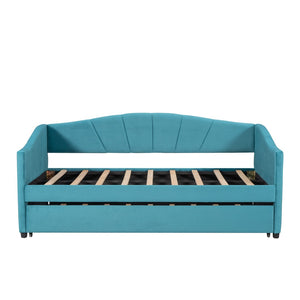 HomeRoots Blue Upholstered Twin Bed Frame with Pull-Out Trundle for Stylish Sleepovers and Multi-Use Spaces 602065