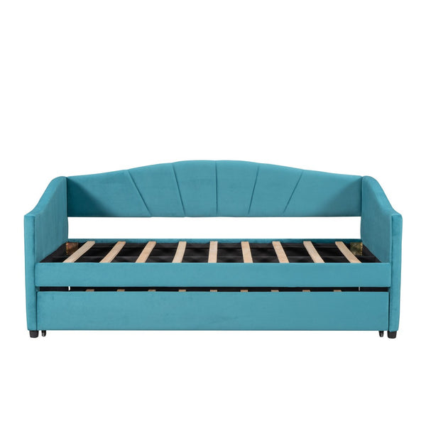 HomeRoots Blue Upholstered Twin Bed Frame with Pull-Out Trundle for Stylish Sleepovers and Multi-Use Spaces 602065