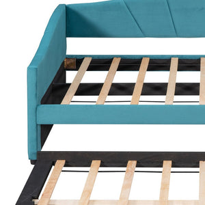 HomeRoots Blue Upholstered Twin Bed Frame with Pull-Out Trundle for Stylish Sleepovers and Multi-Use Spaces 602065