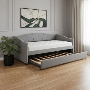 HomeRoots Gray Upholstered Twin Bed Frame with Trundle - Stylish, Space-Saving Design for Cozy Bedrooms! 602066