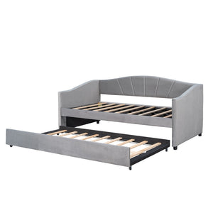 HomeRoots Gray Upholstered Twin Bed Frame with Trundle - Stylish, Space-Saving Design for Cozy Bedrooms! 602066