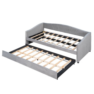 HomeRoots Gray Upholstered Twin Bed Frame with Trundle - Stylish, Space-Saving Design for Cozy Bedrooms! 602066