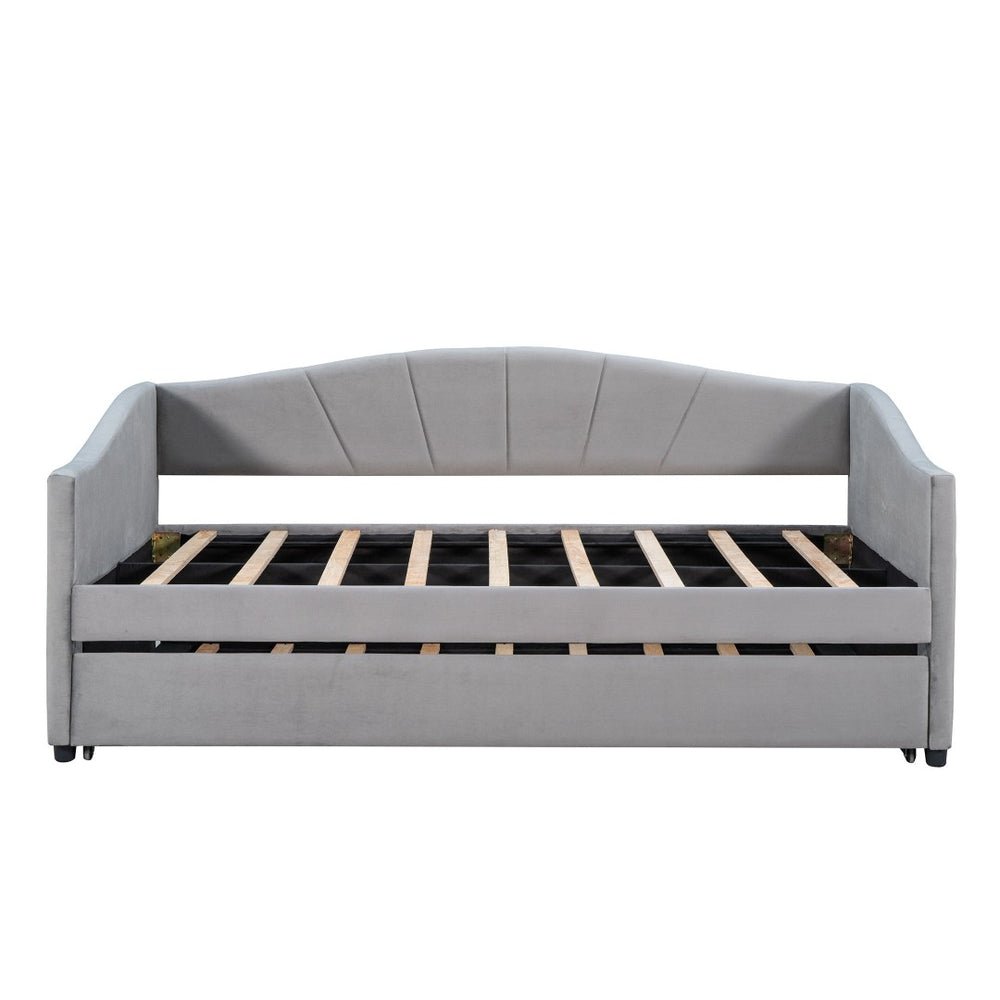 HomeRoots Gray Upholstered Twin Bed Frame with Trundle - Stylish, Space-Saving Design for Cozy Bedrooms! 602066