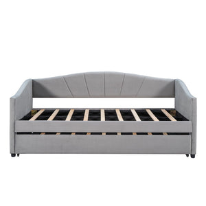 HomeRoots Gray Upholstered Twin Bed Frame with Trundle - Stylish, Space-Saving Design for Cozy Bedrooms! 602066