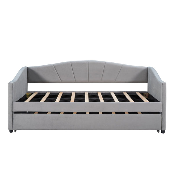 HomeRoots Gray Upholstered Twin Bed Frame with Trundle - Stylish, Space-Saving Design for Cozy Bedrooms! 602066